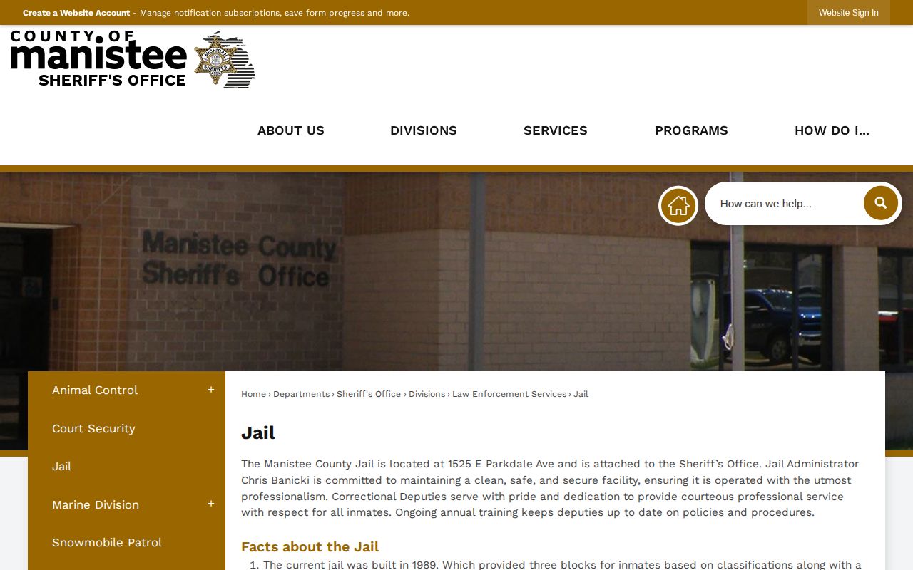 Manistee County Jail booking-record source page